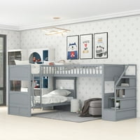 Dvostruki drveni krevet u obliku slova L i potkrovlje za spavaću sobu za djecu, siva