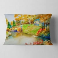 Designart kuća i mirno jezerce u jesen - pejzažni štampani jastuk za bacanje - 12x20
