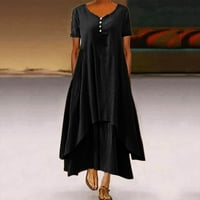Žene Casual čvrste haljine V-izrez kratki rukav nepravilna labava duga haljina crna XL