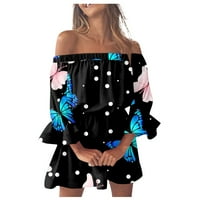 Tking Fashion Ženski ljetni povremeni leptir Ispiši tanka s ramena haljina ruffle rukava mini plaža crna