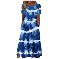 Ženske haljine kratki rukav A-linije srednje dužine Casual ljetni štampani okrugli izrez plava 2XL