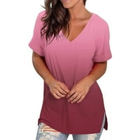 Ženske ljetne kratkih rukava majica Modni gradijent Ispiši labav V-izrez Tunike Casual Rollid rukave Trendy