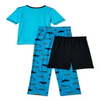 Batman Boys gornji dio kratkih rukava, pantalone i šorc, 3-dijelni set pidžama, veličine 4-12