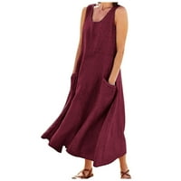 Hanas haljine Ženska Moda Casual jednobojna pamučna posteljina džepna haljina vino XXL