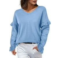 Jeseni džemperi za žene grafičke čvrste boje V izrez PETAL rukav džemper jesen i zima novi pleteni džemper