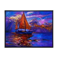 Brod crvenog jedrenja na ljubičastoj zalasku sunca u plavom okeanu uramljeno slikanje platno umjetničko