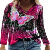 Colisha V izrez Dugi rukav bluze za žene labavi kroj Casual Tunic Tee Plus Size leptir Print pulover kancelarijski