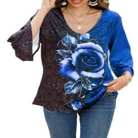 Grianlook dame Casual vrećasta bluza tunika cvjetni Print ruža štampana pulover Work V vrat Tops Blue