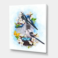Dve ptice sise sede u blizini gnezda sa jajima i belim cvetovima II slika na platnu Art Print
