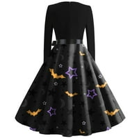 HHei_K Flashwomen's Halloween Print Flare haljina za žene duge rukave haljina za zabavu Casual haljine