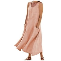 Vintage haljine za žene 50s maxi dugačak s džepovima bez pamučne platnene haljine bez rukava ružičasta xl