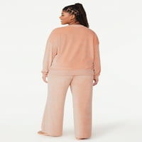 Joyspun ženski rebrasti velur gornji dio i pantalone pidžama Set sa prevelikom gumicom, 3 komada, veličine