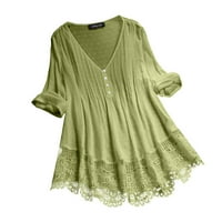 Ljetne casualske majice izdubljene labave V izrez dugih rukava od punog boja za žene zelene 2xl
