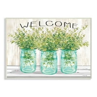 Stupell Industries Country Wof Welcome Potpiši zelenilo Buketi Blue Jars zidni dizajn plaketa Cindy Jacobs,