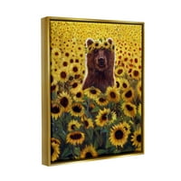 Sretni Medvjed Suncokretovo Polje Životinje I Insekti Slikarstvo Metalik Zlato Uokvireno Art Print Wall